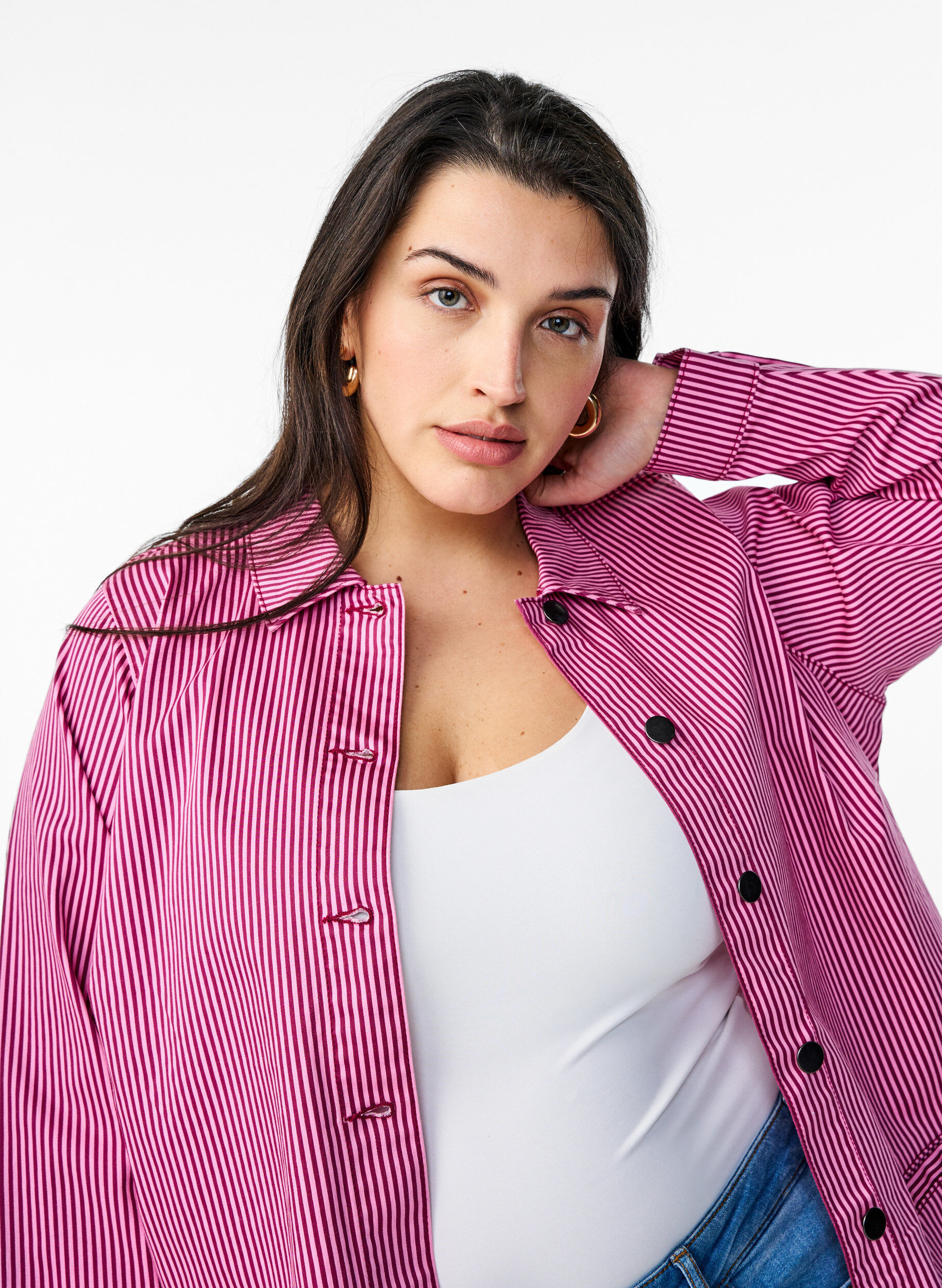 Zizzi Gestreiftes Hemd mit Taschen, Rot, Model image number 3