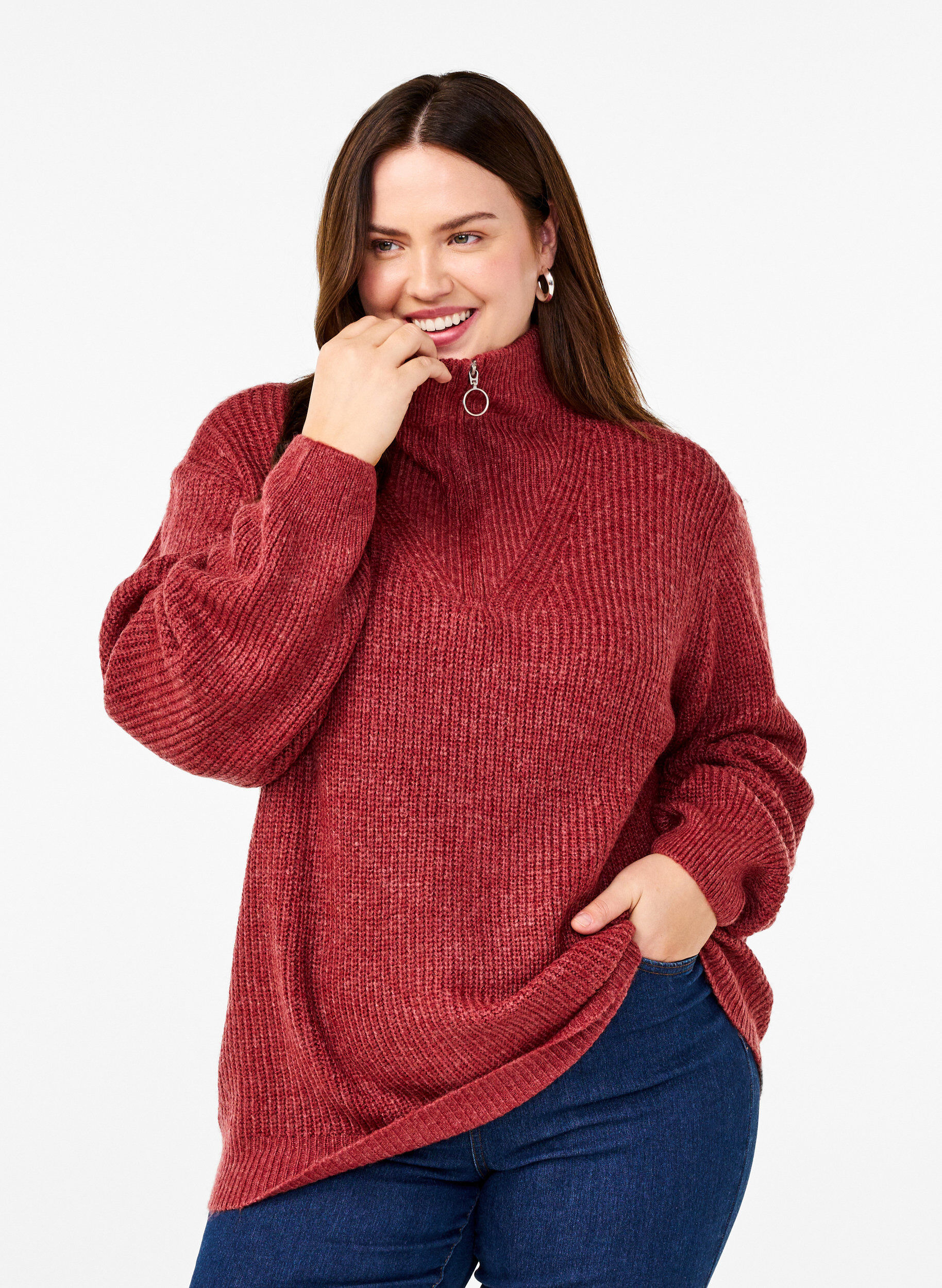 ZizziPull en tricot avec col haut et fermeture &eacute;clair, Bordeaux, Model image number 0