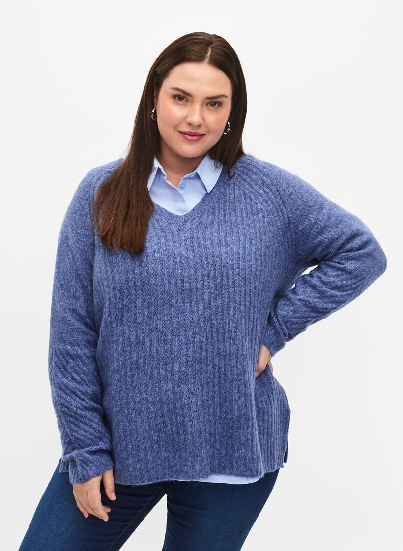 Strickpullover mit Schlitz, Gray Blue Mel., Model image number 0