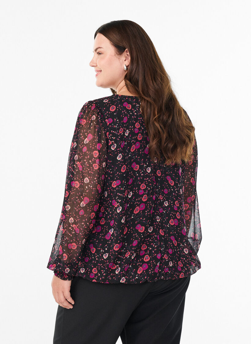 Gebl&uuml;mte Bluse aus Chiffon mit transparenten &Auml;rmeln, Schwarz, Model image number 2