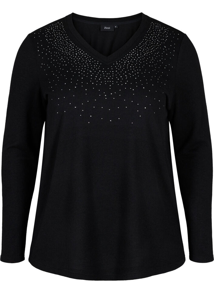 Blouse avec similis et manches longues, Black, Packshot image number 0