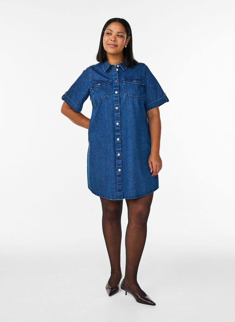 Denimkleid mit kurzen &Auml;rmeln und Kn&ouml;pfen, Blau, Model image number 1
