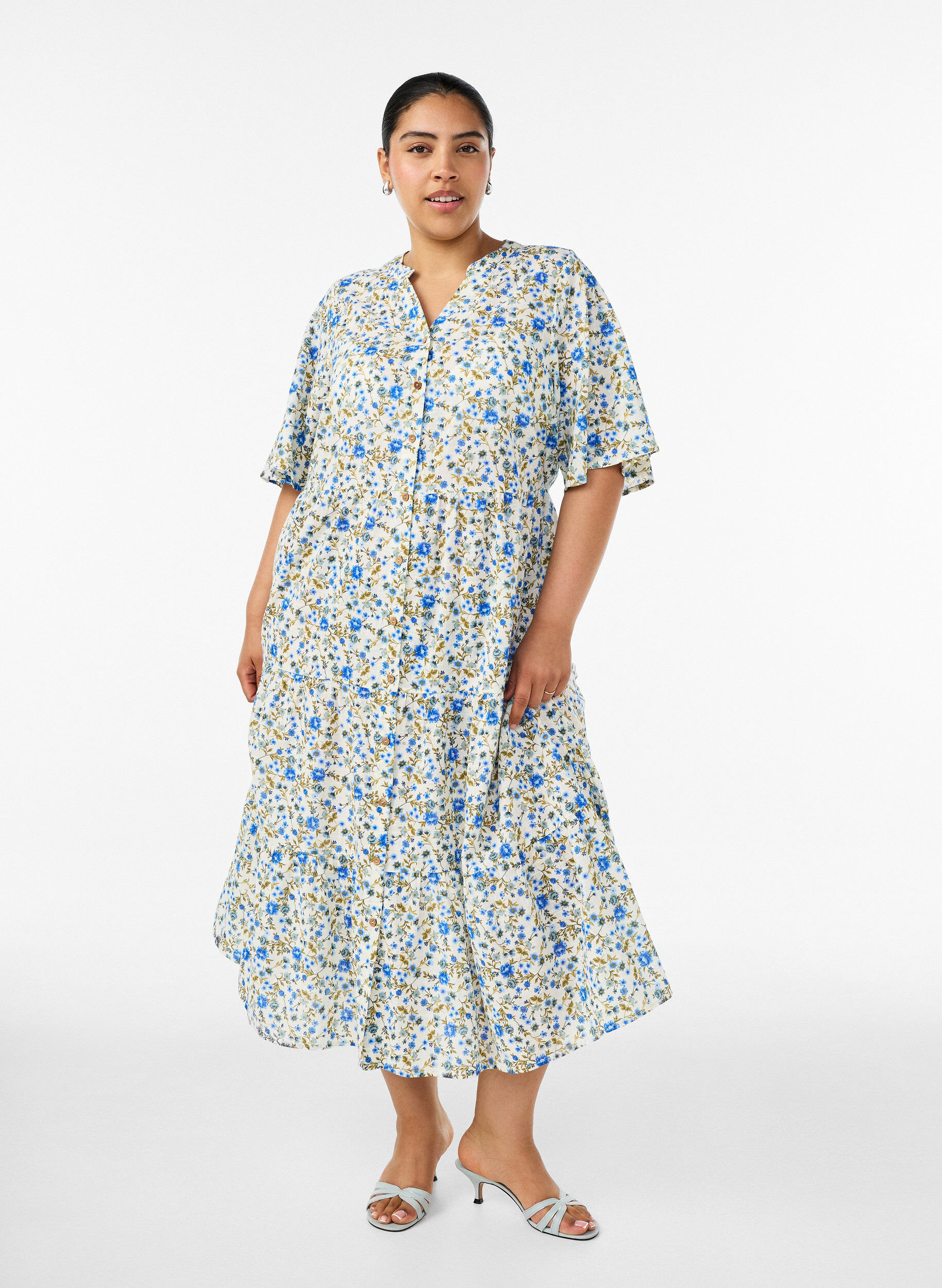 ZizziBaumwoll-Midikleid mit Blumenprint, Blau, Model image number 0