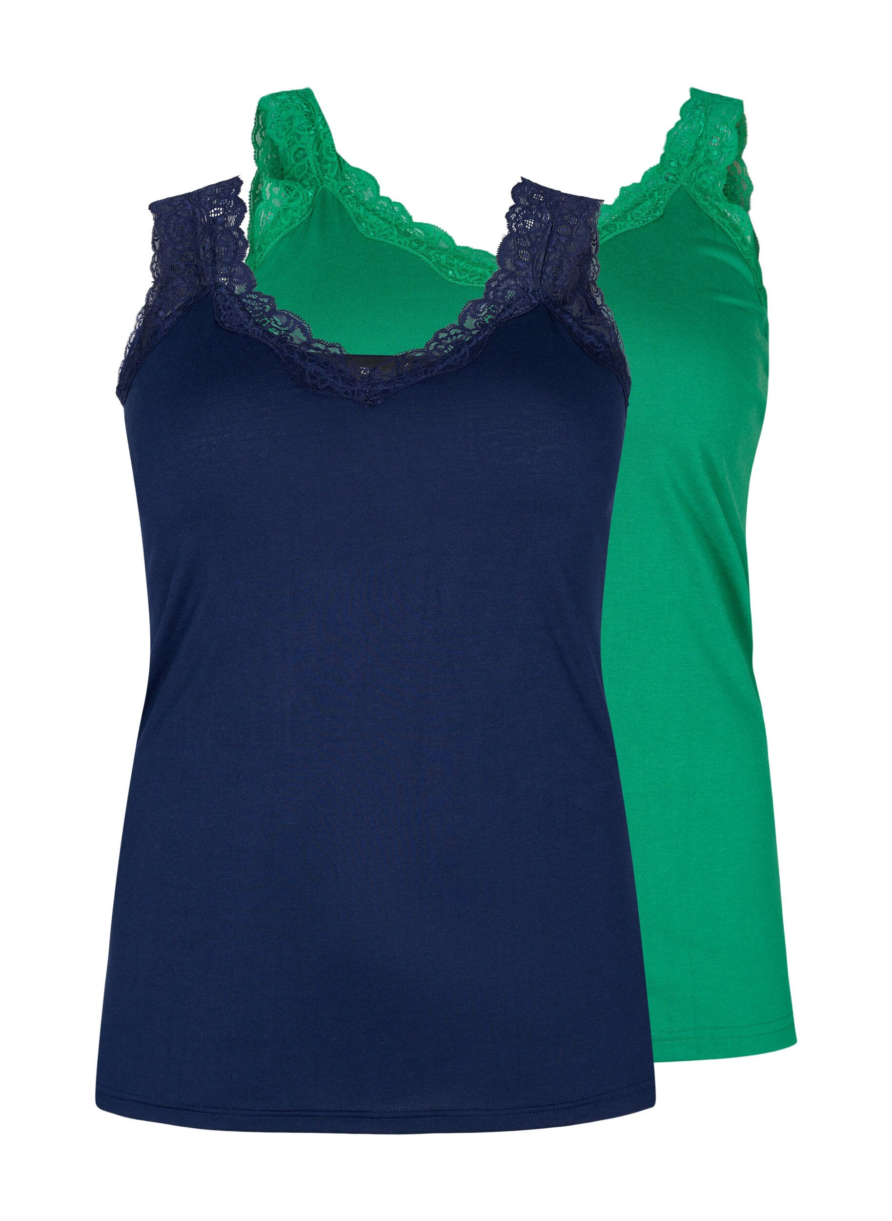 Zizzi 2er-Pack Tops mit Spitze, Navy B/Jolly Green, Packshot image number 0