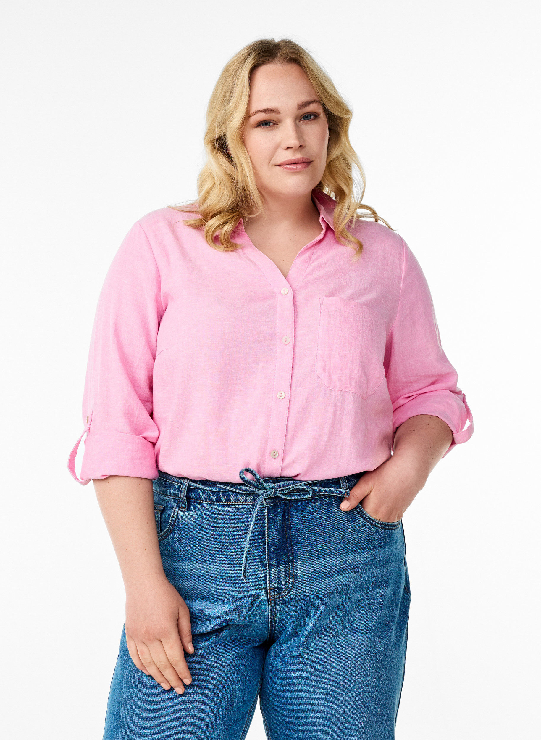 Chemise en lin et viscose avec manches 3/4, Rose, Model