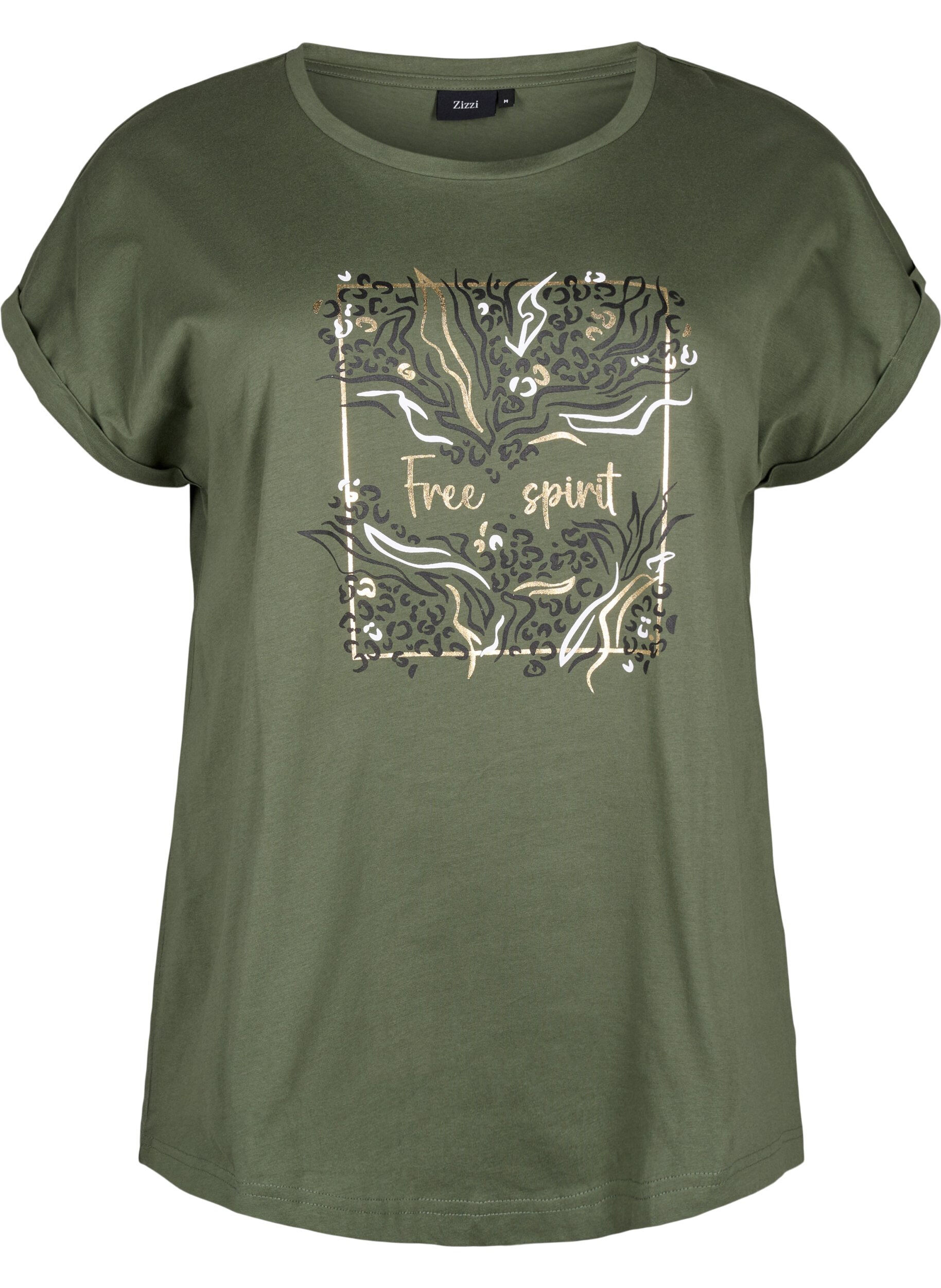 Zizzi T-shirt en coton biologique avec imprim&eacute; dor&eacute;, Thyme W. Free, Packshot image number 0
