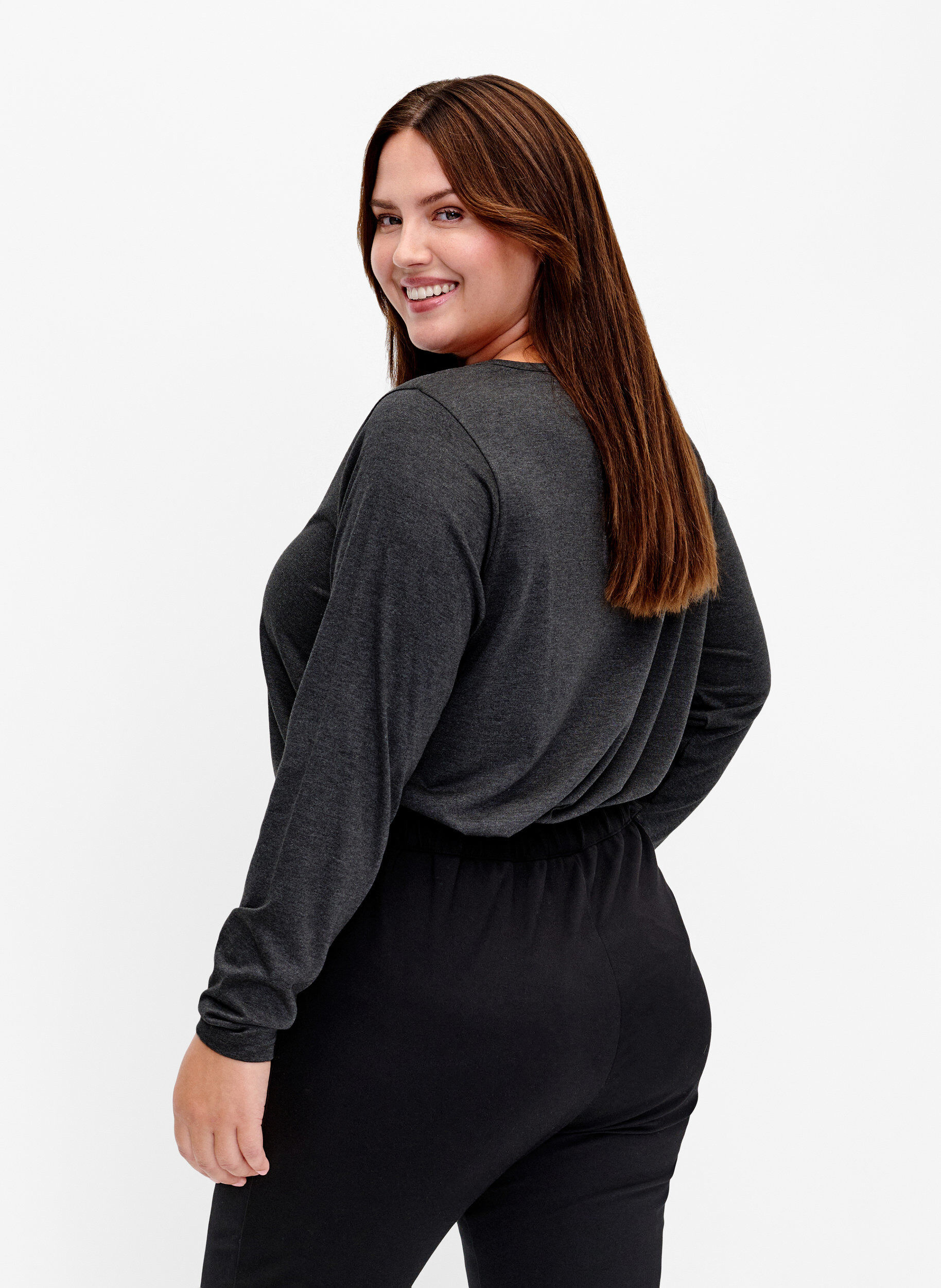 Zizzi Melange-Bluse mit langen &Auml;rmeln, Black Mel. , Model image number 1