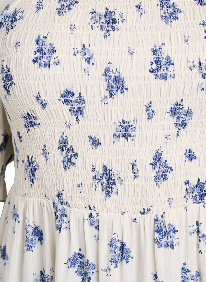 Robe midi en viscose &agrave; fleurs avec smock, Blanc, Packshot image number 2