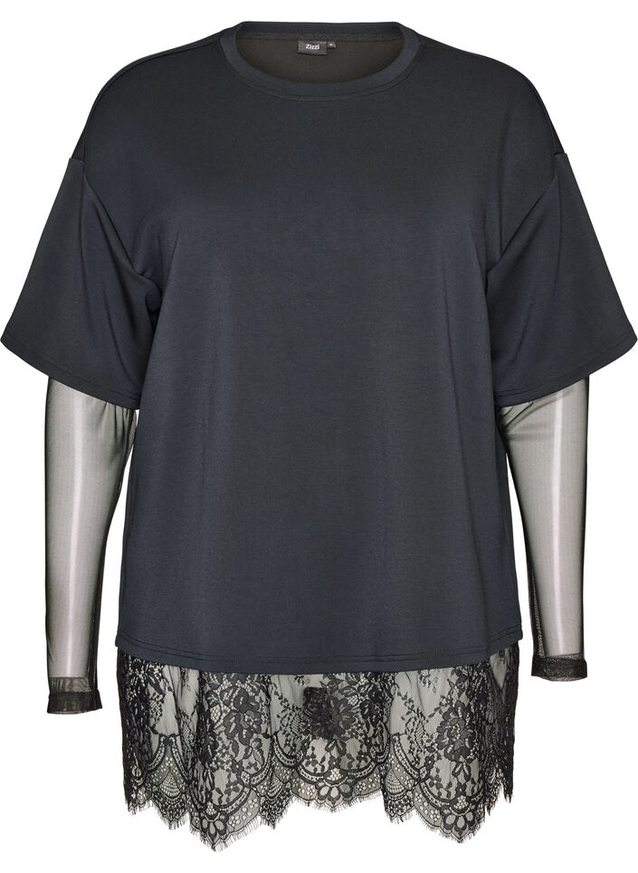 Bluse mit Mesh-&Auml;rmeln und Spitzenbesatz, Schwarz, Packshot image number 0