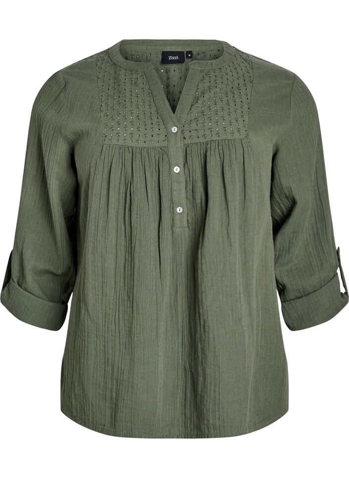 Blouse en mousseline de coton avec broderie anglaise, Vert, Packshot image number 0