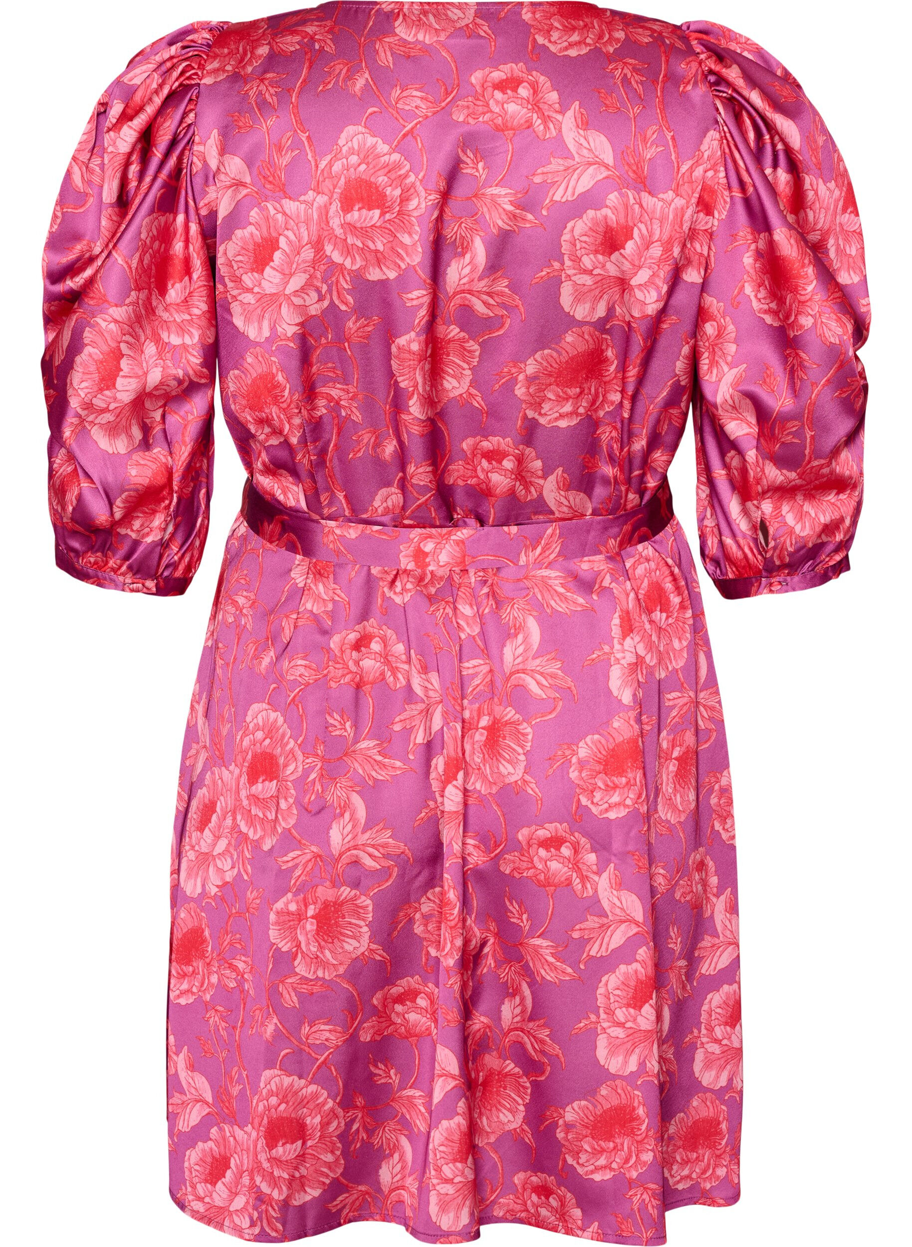 ZizziGebl&uuml;mtes Kleid mit Puff&auml;rmeln und Bindeg&uuml;rtel, Pink, Packshot image number 1