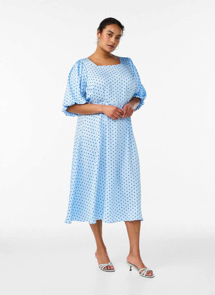 Robe midi &agrave; pois avec encolure carr&eacute;e, Bleu Clair, Model image number 1