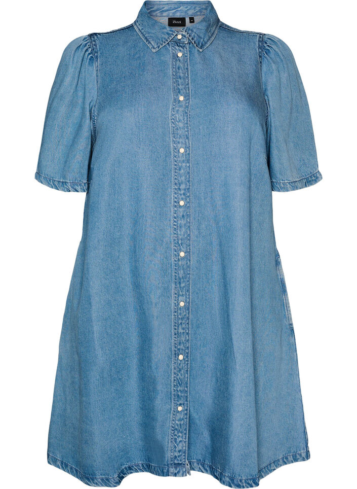 Robe en jean en lyocell avec boutons et manches courtes, Bleu Clair, Packshot image number 0