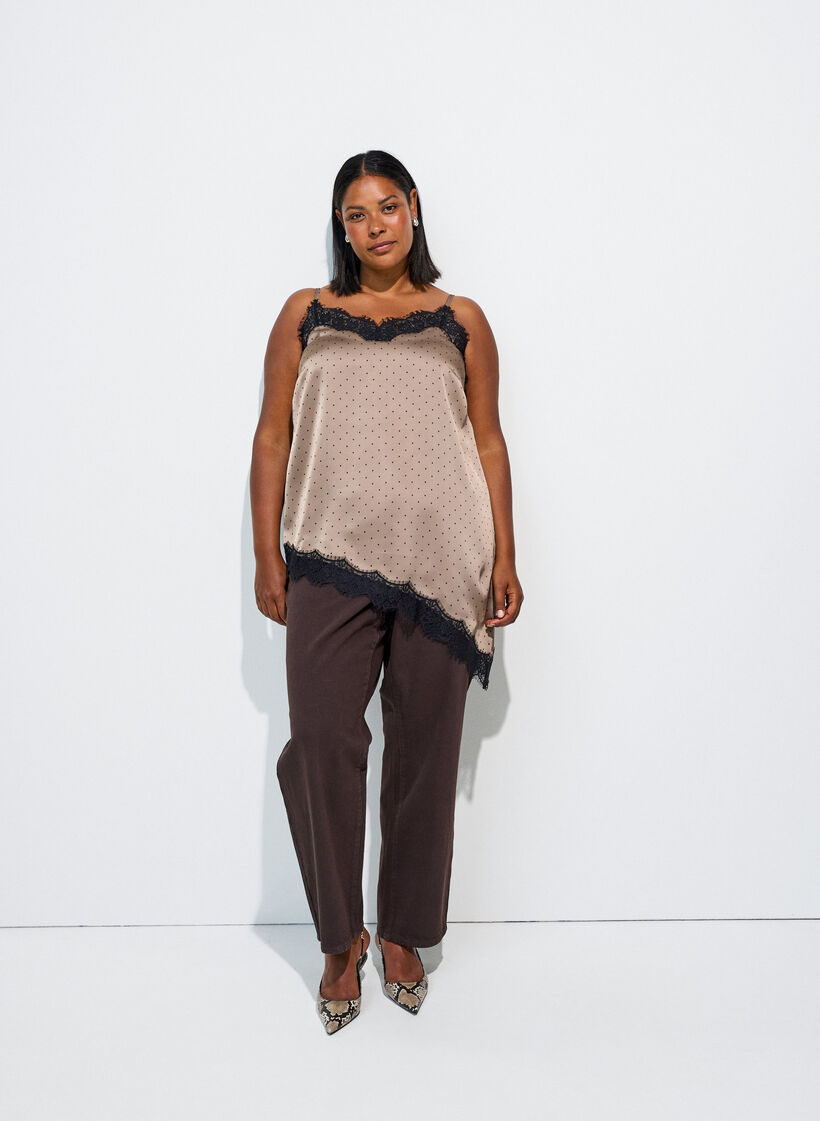 Top &agrave; fines bretelles avec dentelle et ourlet asym&eacute;trique, Beige, Model image number 1