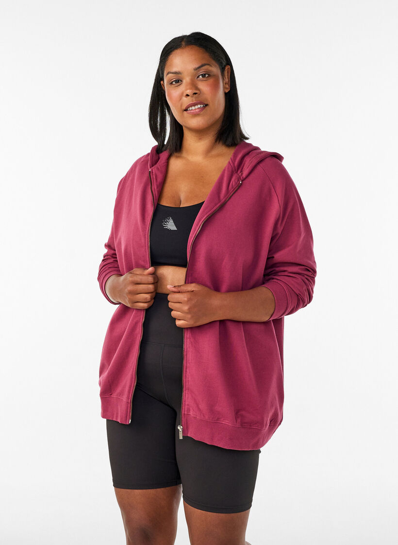 Hoodie mit Rei&szlig;verschluss und R&uuml;ckendruck, Rot, Model image number 0