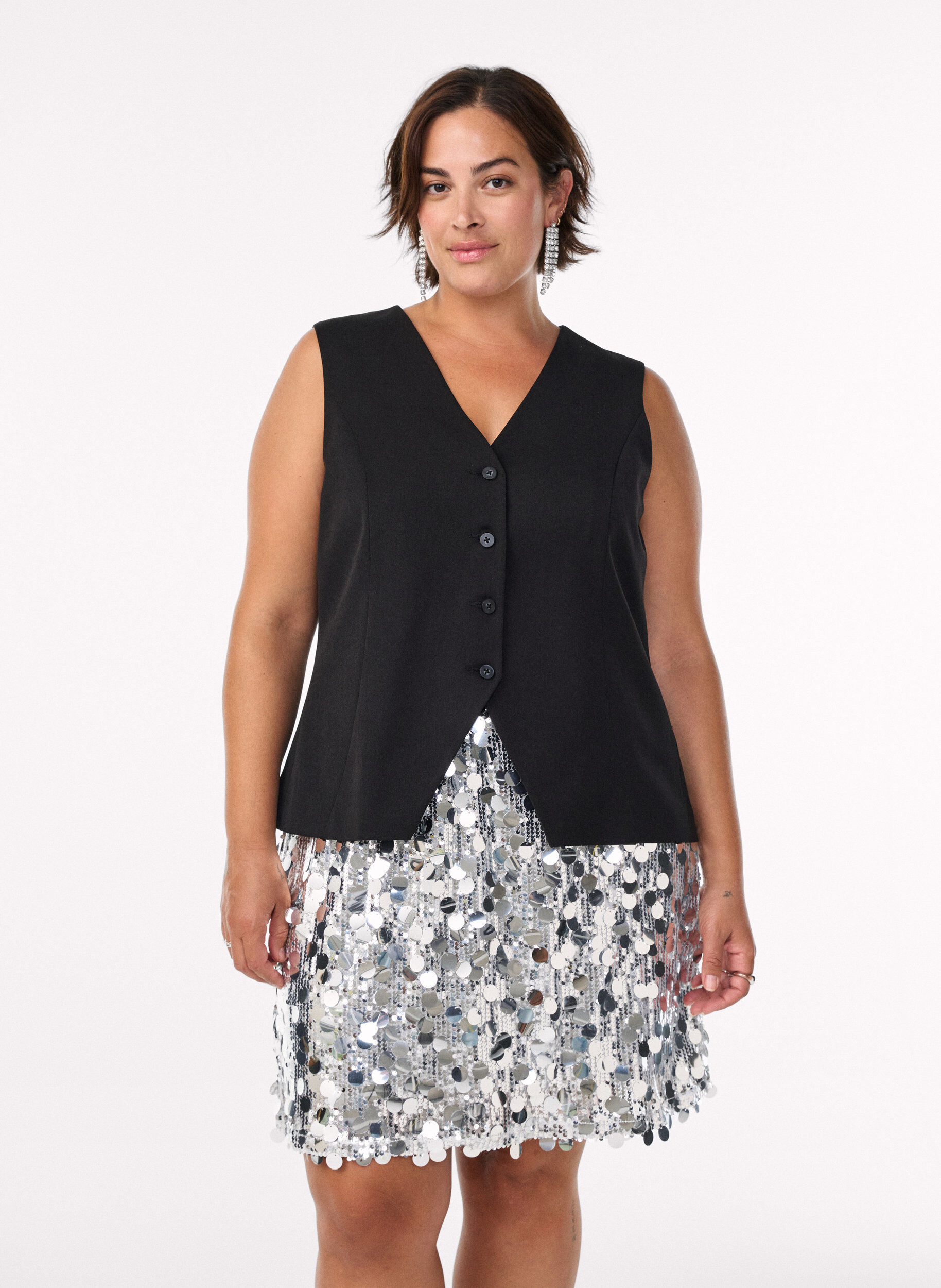 ZizziJupe courte &agrave; sequins avec une ceinture &eacute;lastique, Argent&eacute;, Model image number 0