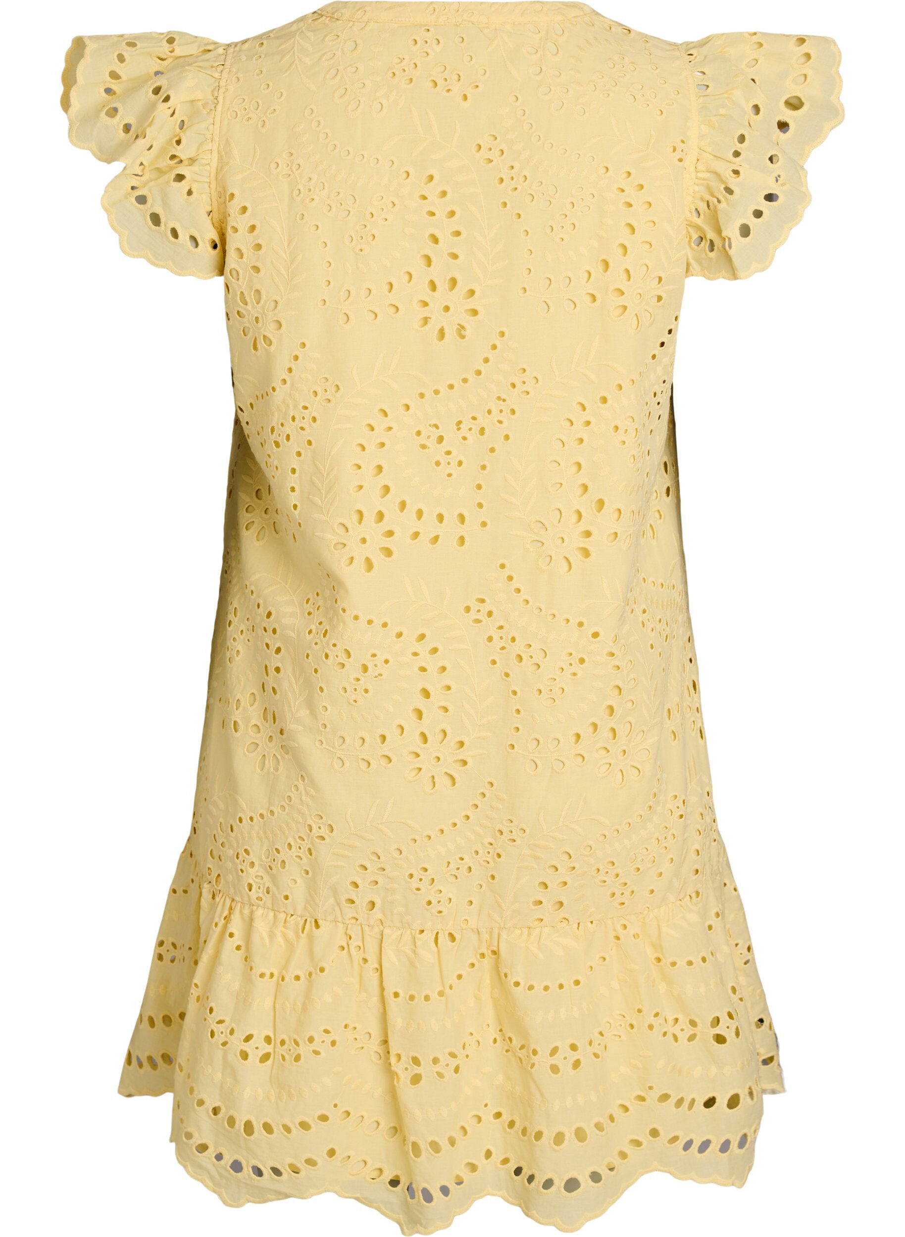 Zizzi Kleid aus Broderie Anglaise mit R&uuml;schen&auml;rmeln, Gelb, Packshot image number 1