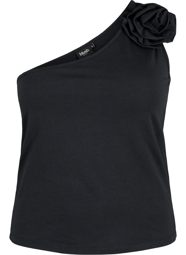 One-Shoulder-Top mit Rose, Black, Packshot image number 0