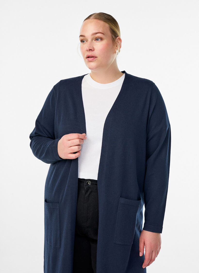 Lange, offene Strickjacke mit Taschen, Blau, Model image number 2