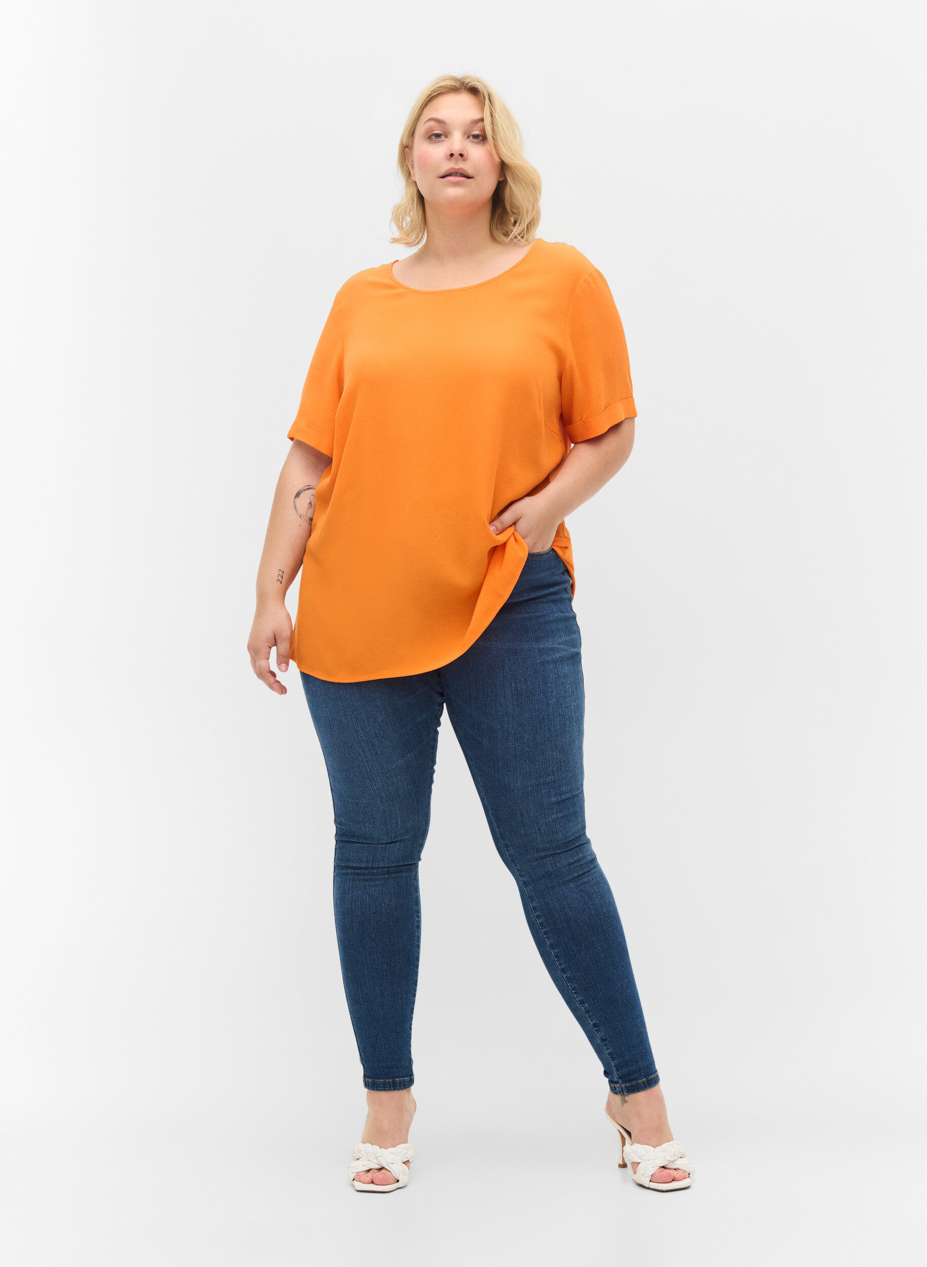 Zizzi Kurzarm Bluse aus Viskose, Orange Peel, Model image number 2