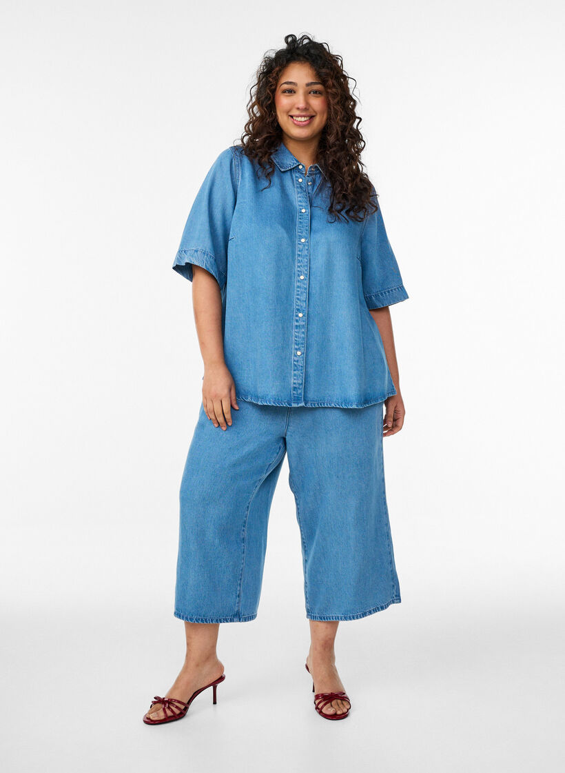 Culotte en lyocell jambes larges aspect denim, Bleu Clair, Model image number 0