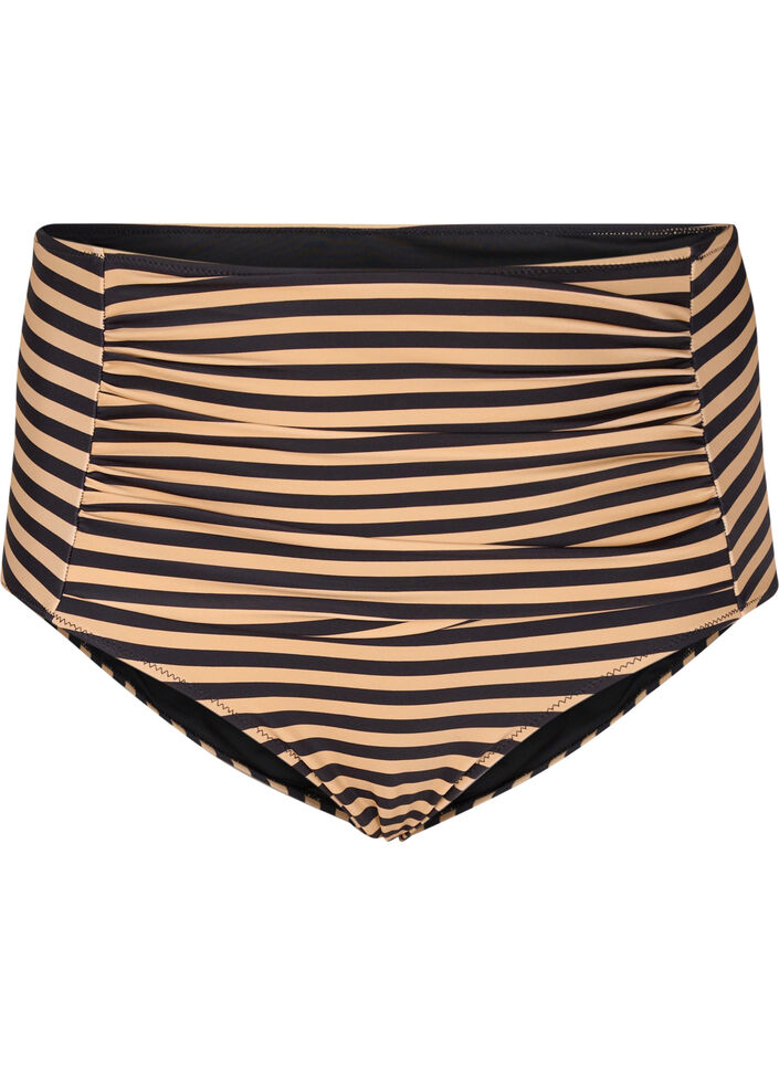 Hoch taillierte Bikinihosen mit Streifen, Braun, Packshot image number 0
