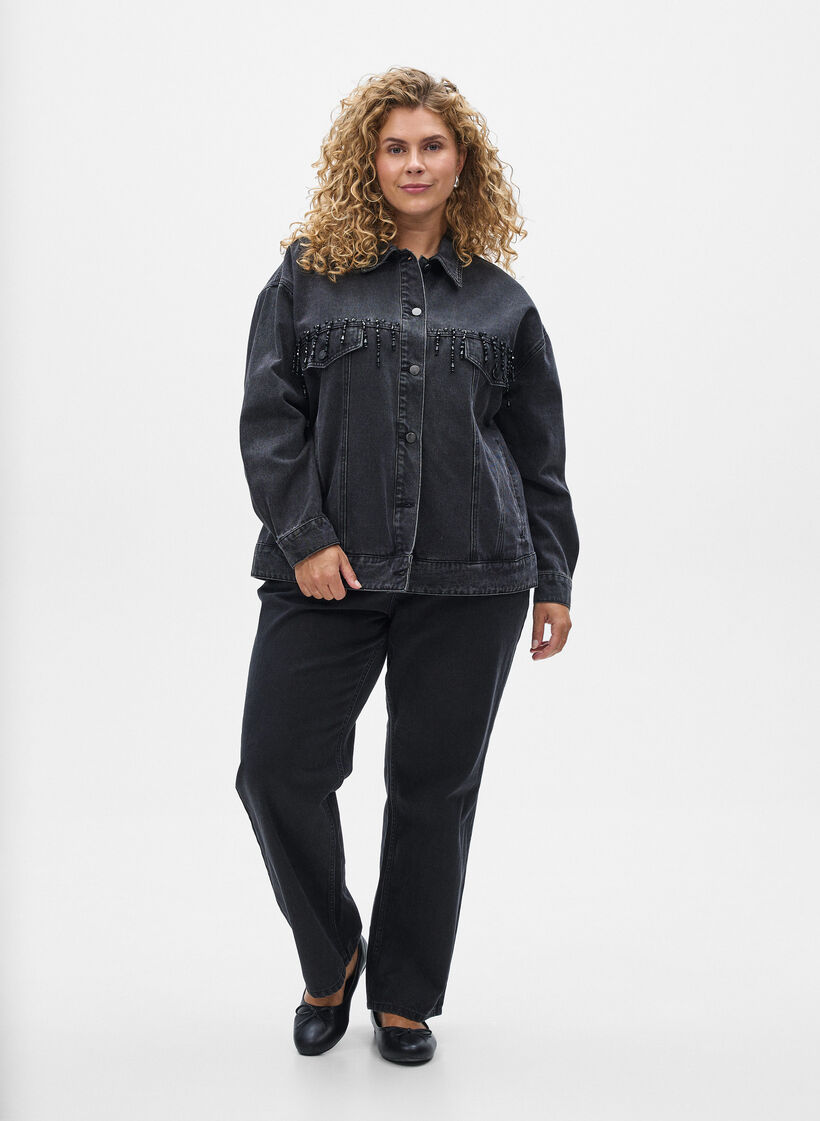 Veste en jean avec franges perlées, Gris, Model
