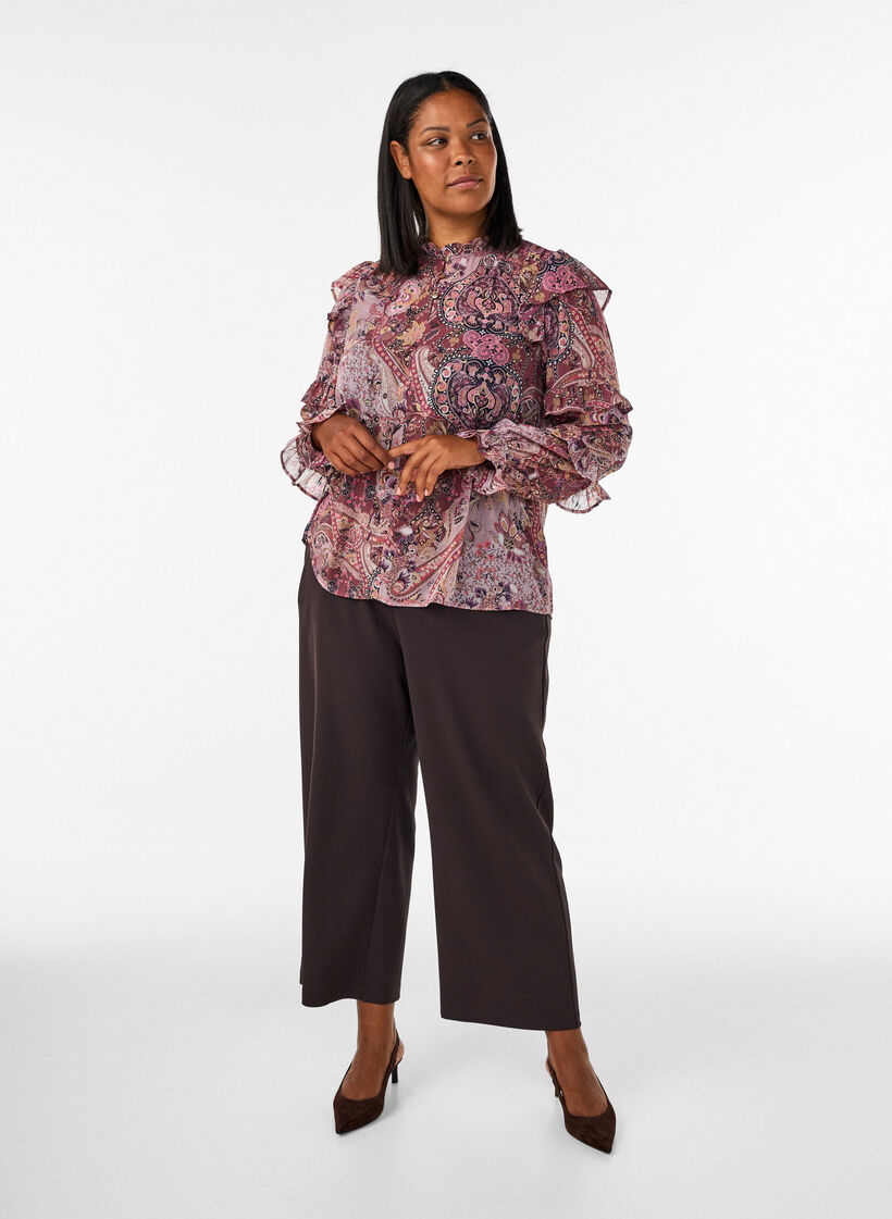 Blouse &agrave; imprim&eacute; cachemire et d&eacute;tails &agrave; volants, Mauve, Model image number 1