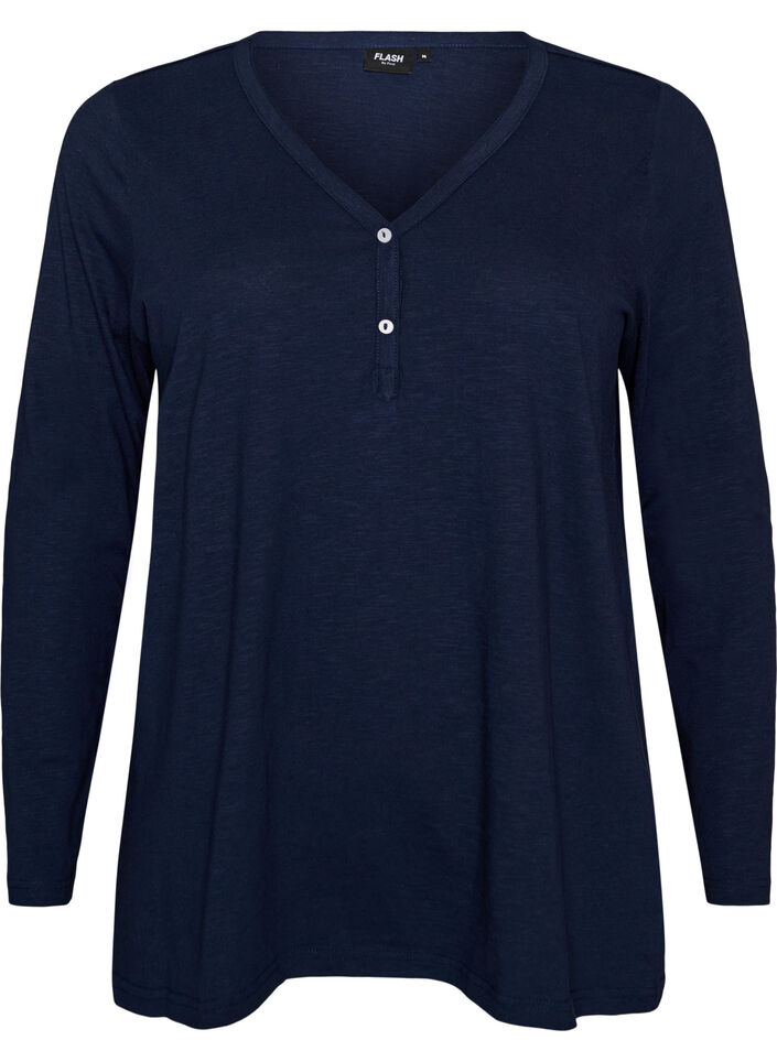 Langarmshirt mit V-Ausschnitt und Kn&ouml;pfen, Blau, Packshot image number 0