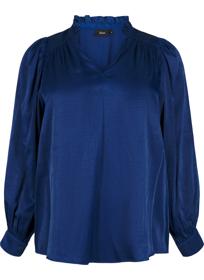  Langärmelige Bluse mit Rüschen und V-Ausschnitt, Estate Blue, Packshot image number 0