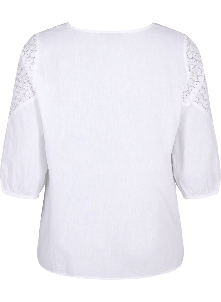 Bluse aus Baumwollmischung mit Leinen und Häkeldetails, Bright White, Packshot image number 1