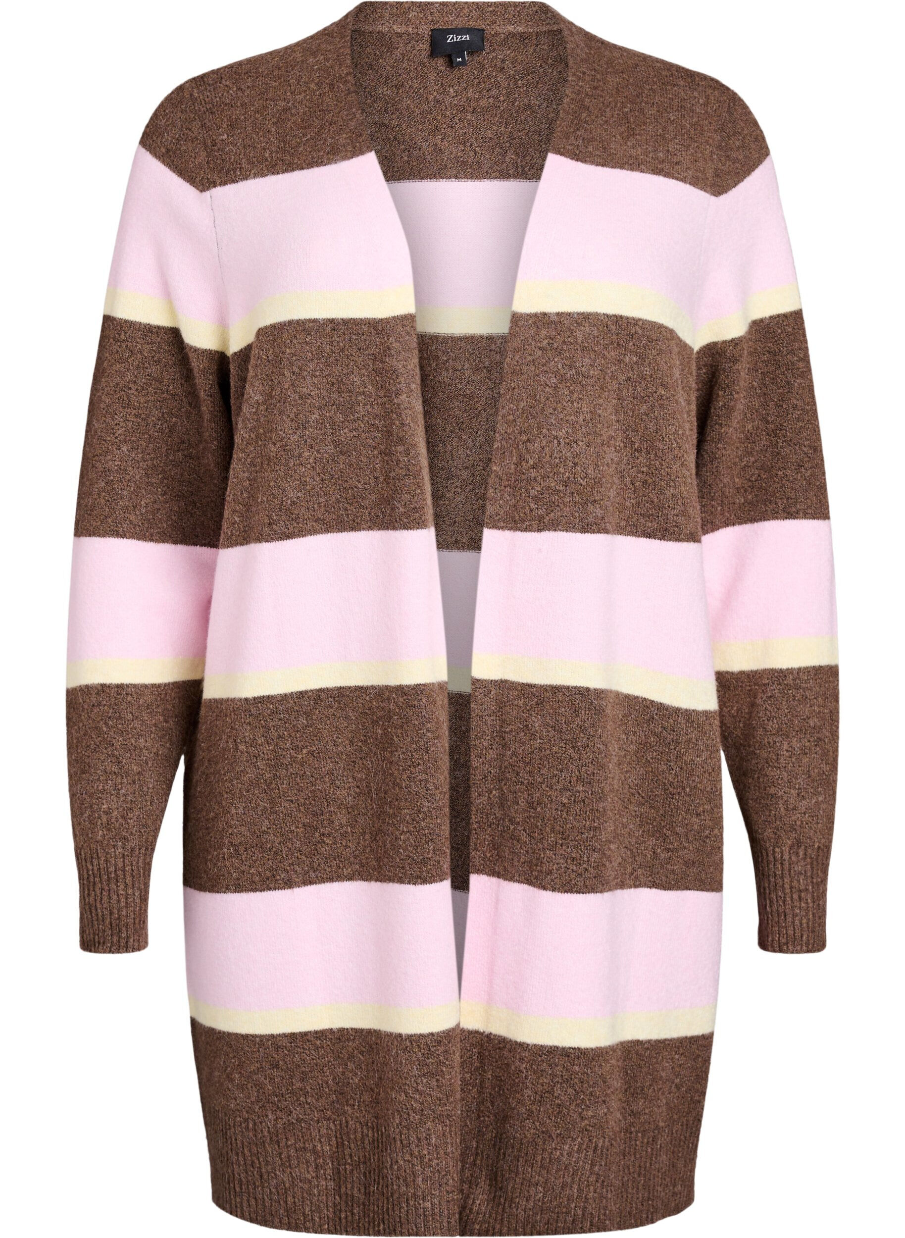 Zizzi Lange Strickjacke mit breiten Streifen, Braun, Packshot image number 0