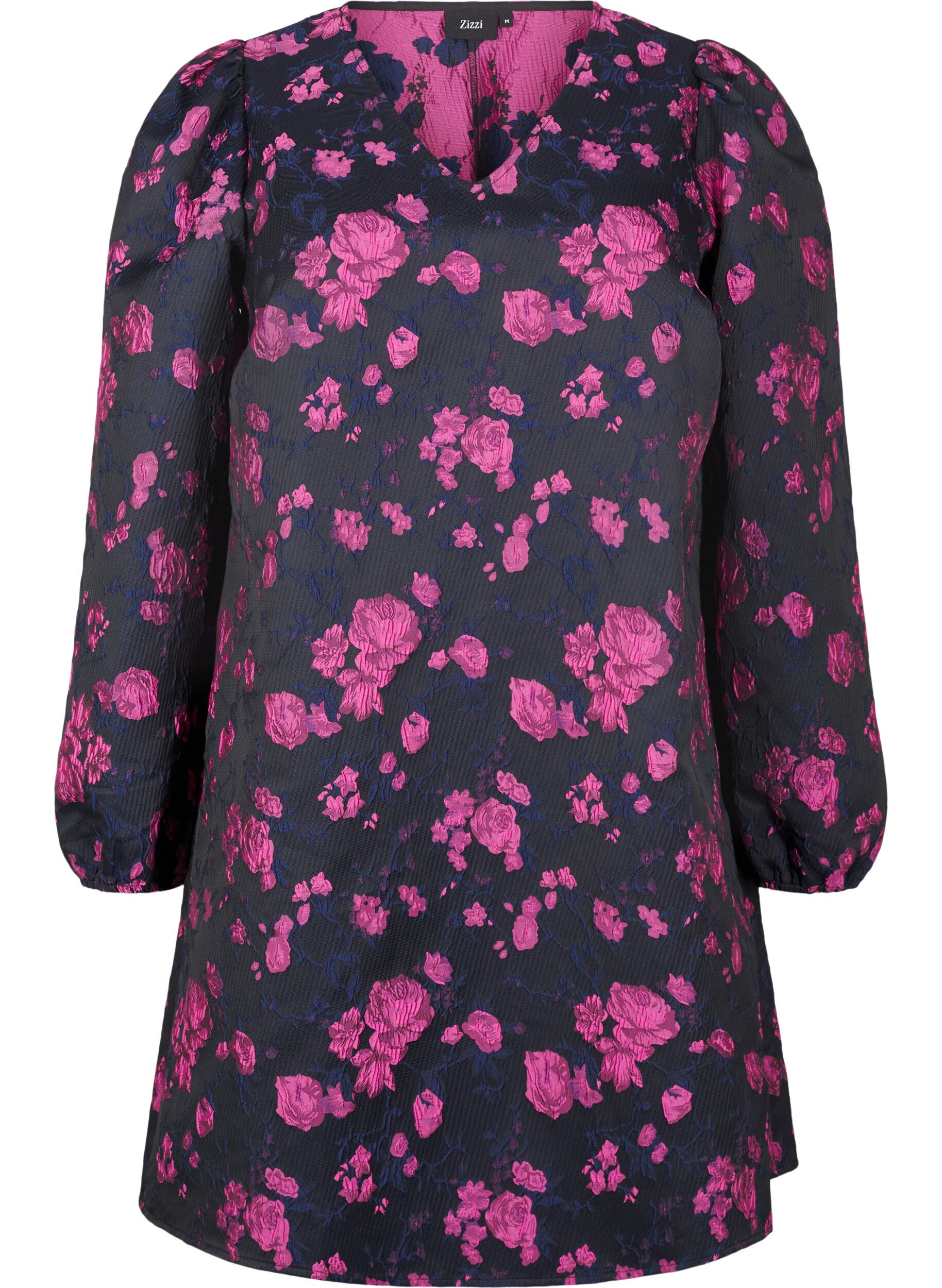 Zizzi Kurzes Jacquardkleid mit langen &Auml;rmeln, Black w. Red Rose, Packshot image number 0