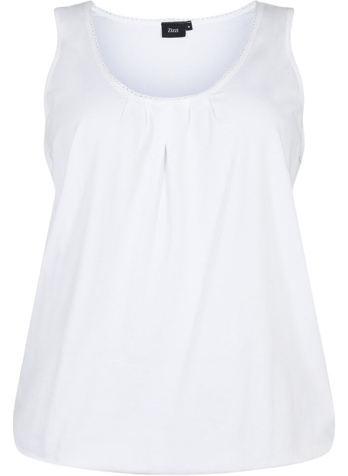 Top en coton avec col rond et bordure en dentelle, Bright White, Packshot image number 0