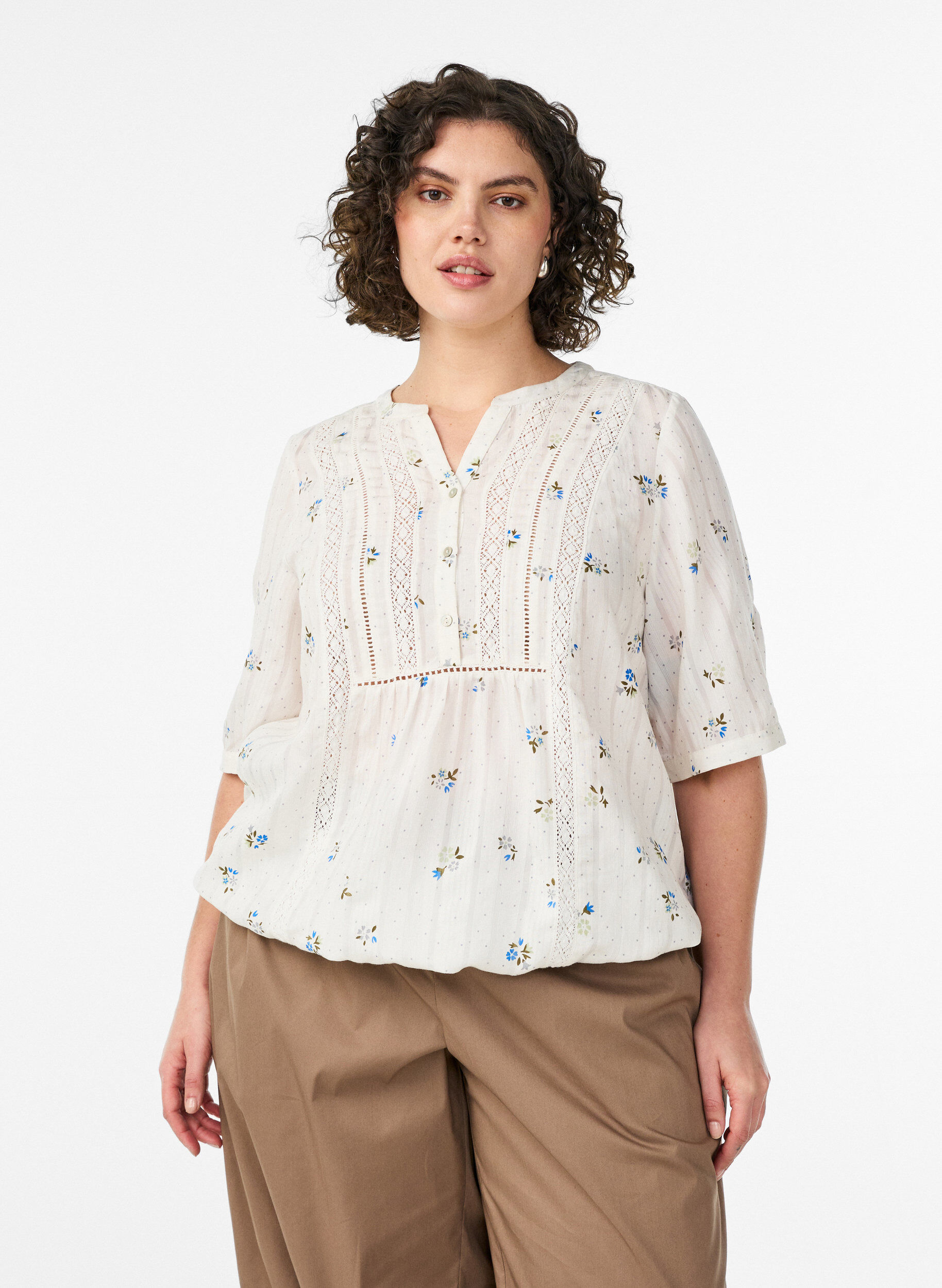 ZizziBlouse imprim&eacute;e &agrave; manches 1/2, Vanille, Model image number 0