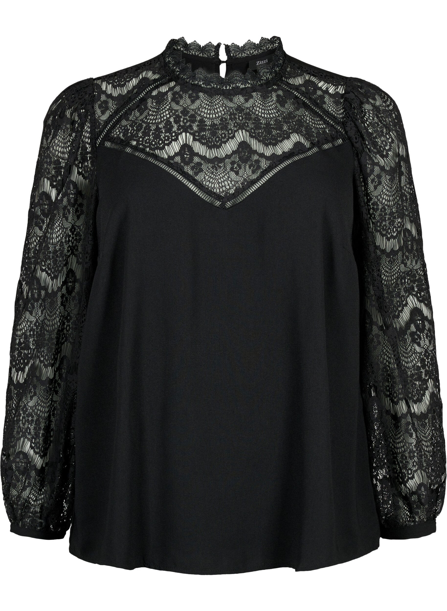 Zizzi Lang&auml;rmelige Bluse mit Spitze, Black, Packshot image number 0