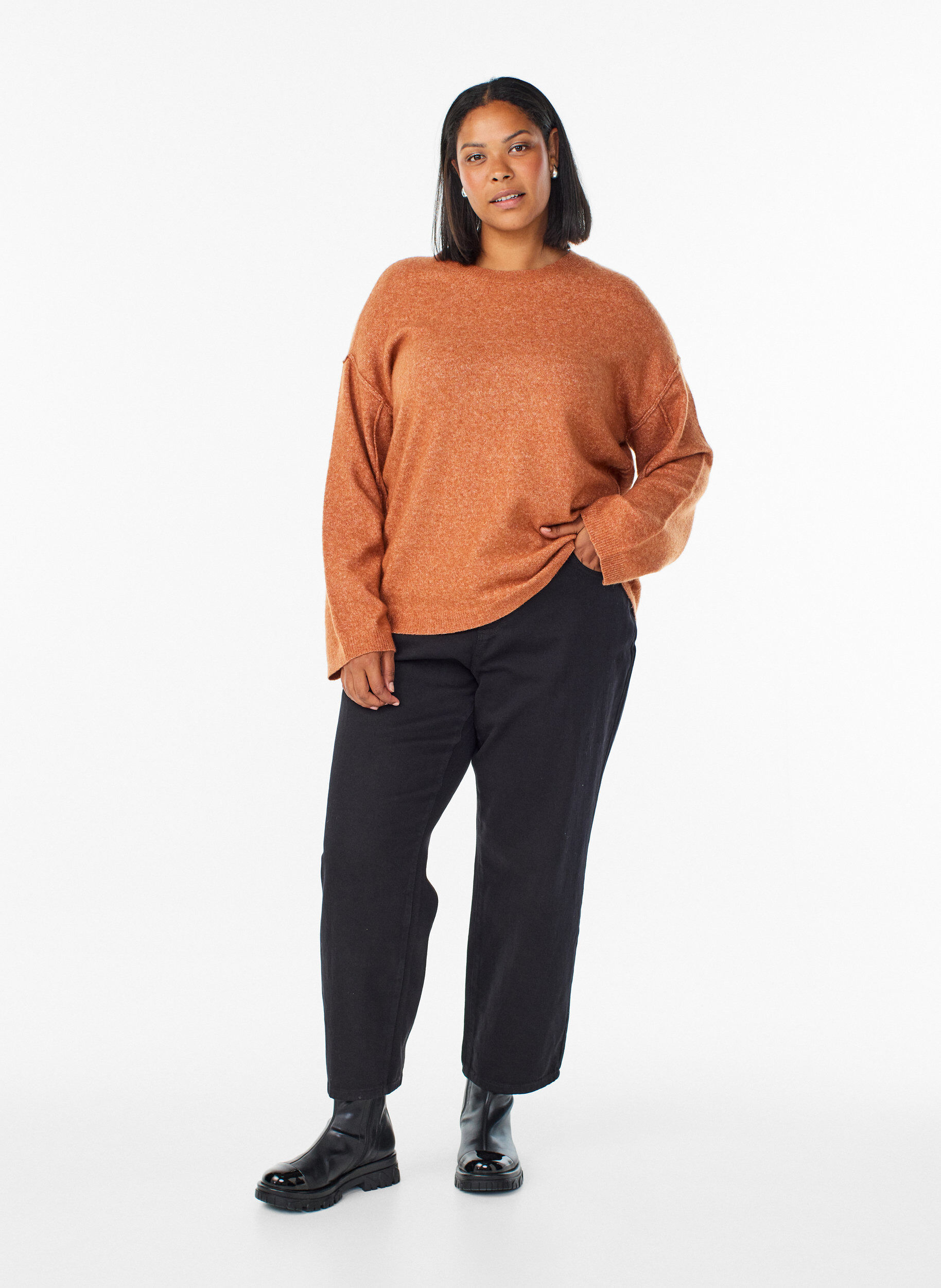 ZizziPull ample en maille avec coutures apparentes, Orange fonc&eacute;, Model image number 1