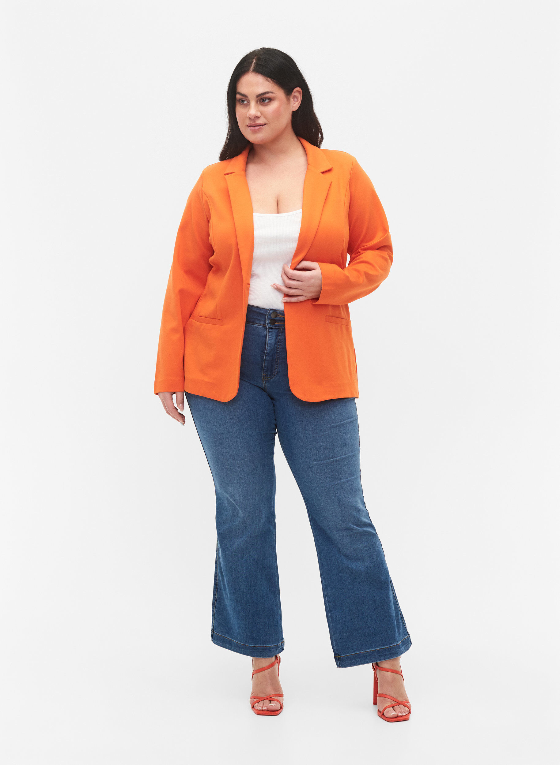 Zizzi Blazer simple avec bouton et poches d&eacute;coratives, Mandarin Orange, Model image number 2
