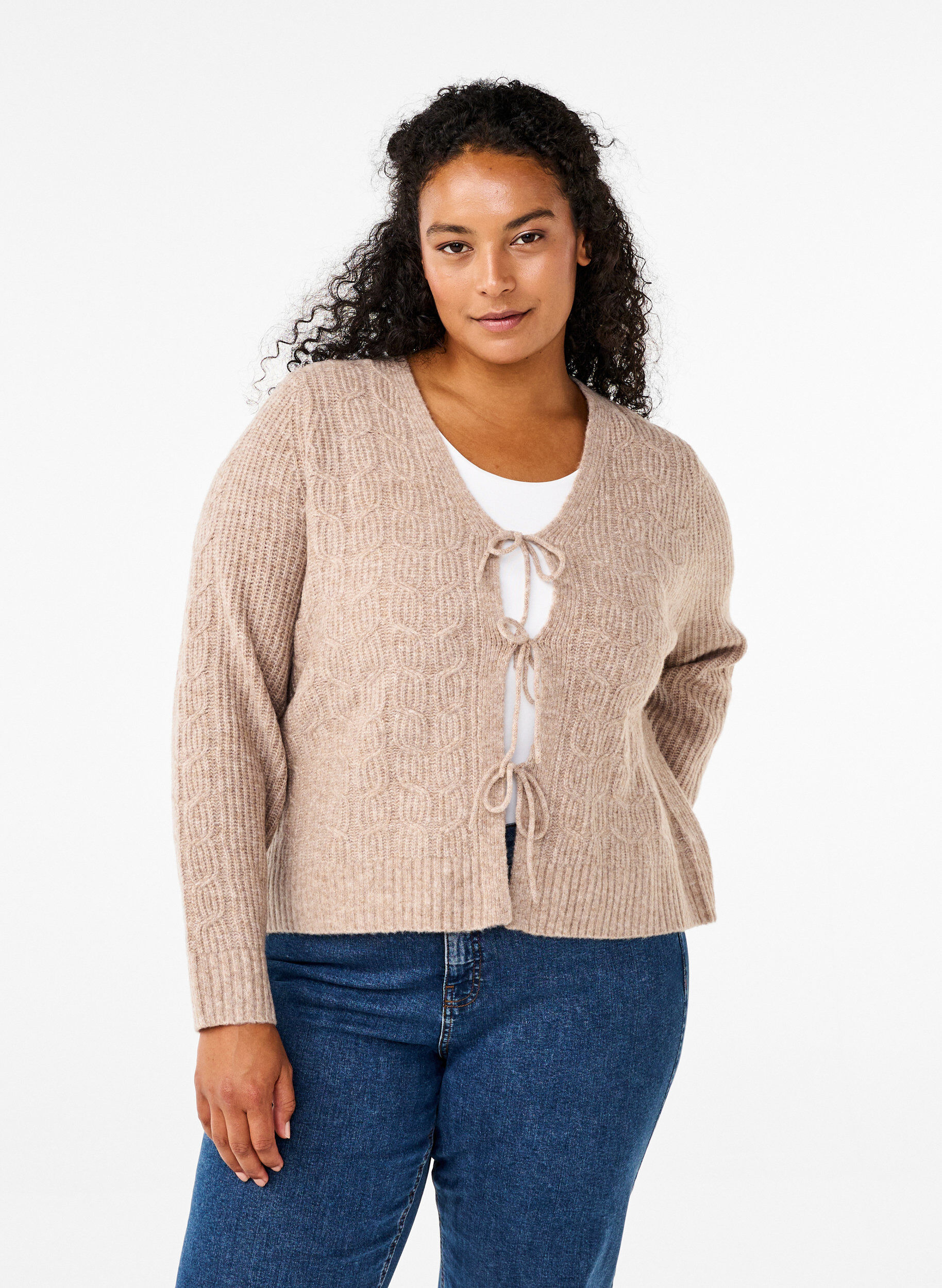 Zizzi Cardigan en maille avec lien &agrave; nouer, Simply Taupe Mel., Model image number 0