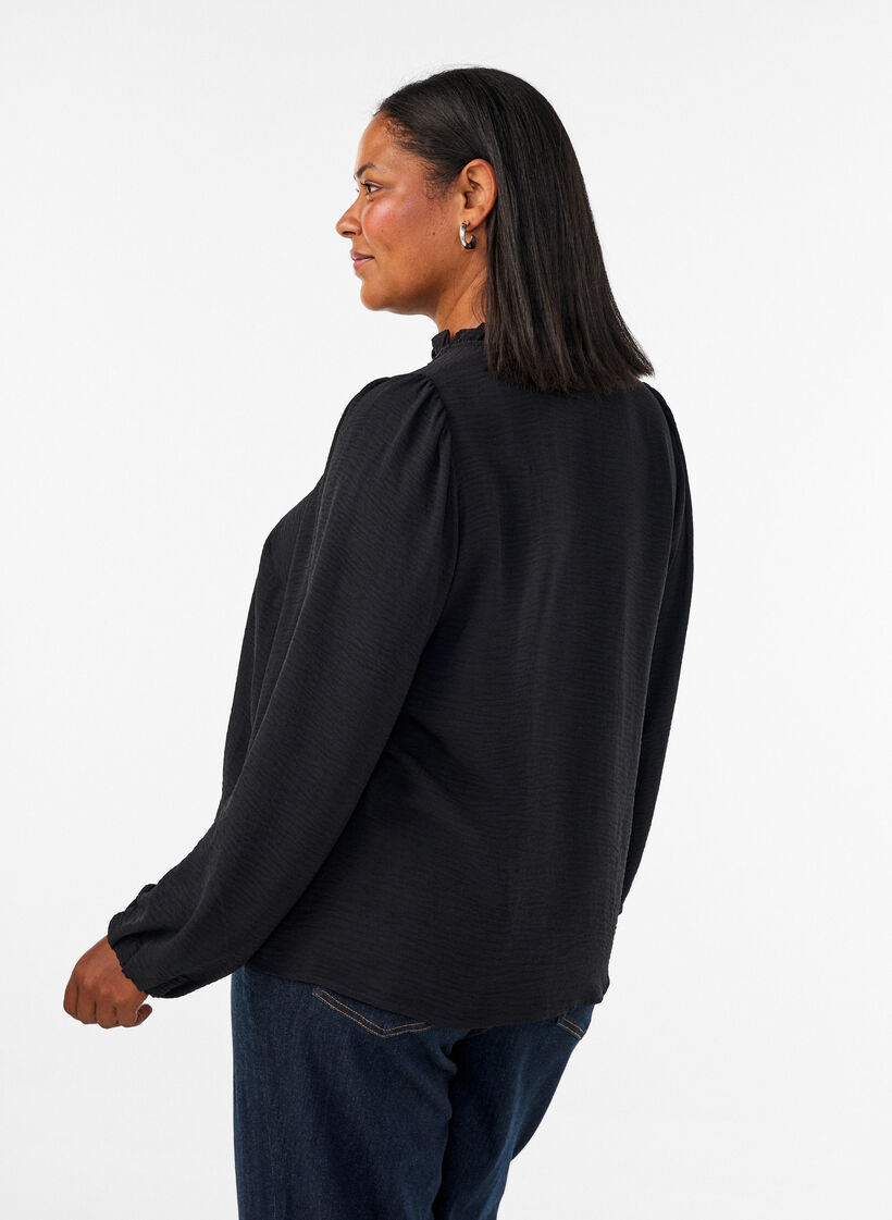Blouse avec col en V et bande en crochet, Noir, Model image number 2