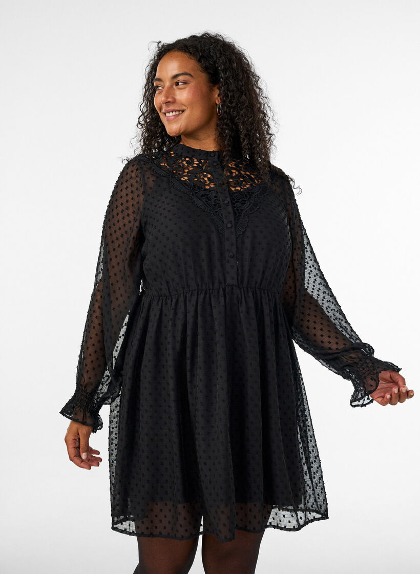 Robe en mousseline avec dentelle guipure et taille empire, Noir, Model image number 0