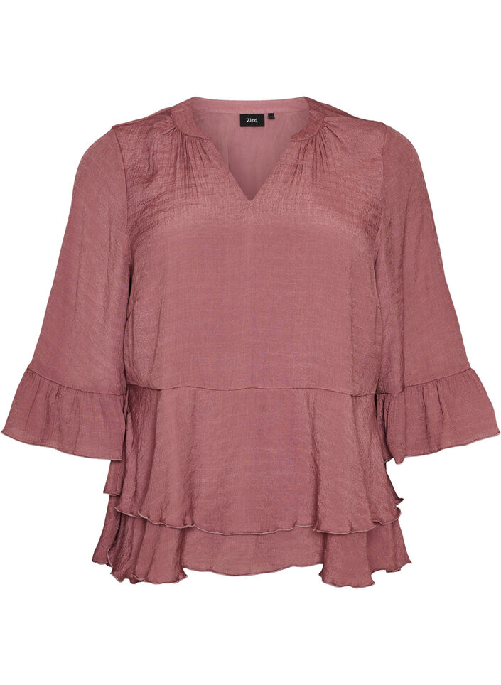 Blouse &agrave; manches 3/4 et volants, Rose, Packshot image number 0