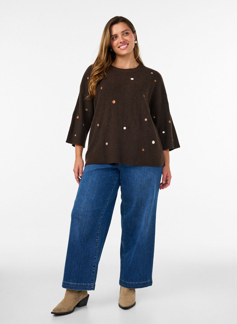 Blouse en maille avec de petits motifs brod&eacute;s, Marron, Model image number 1