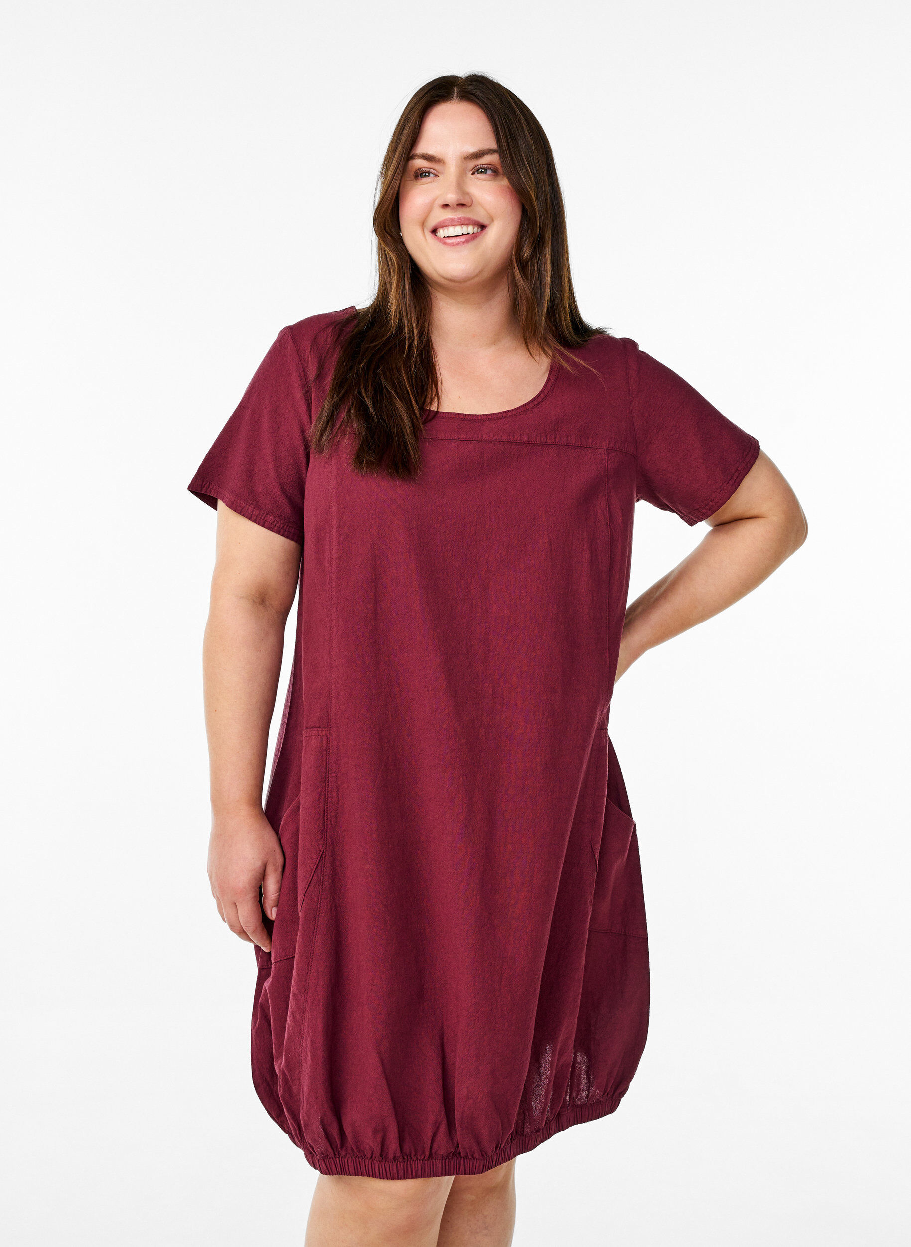 ZizziKurzarm Kleid aus Baumwolle, Dunkles Bordeaux, Model image number 0