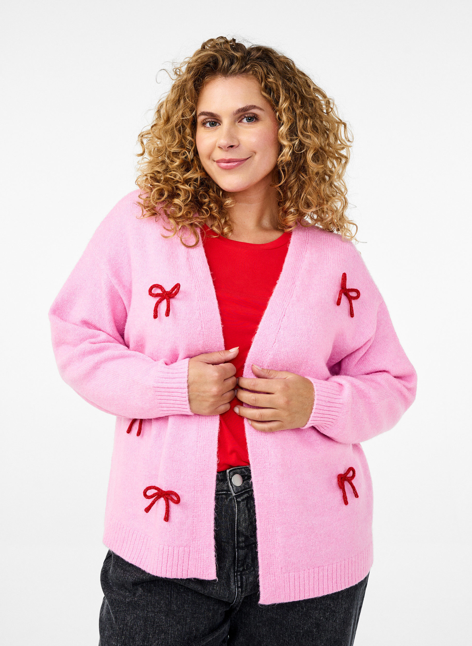 Zizzi Strickjacke aus Grobstrick mit Schleifenb&auml;ndern, Begonia Pink Comb, Model image number 0