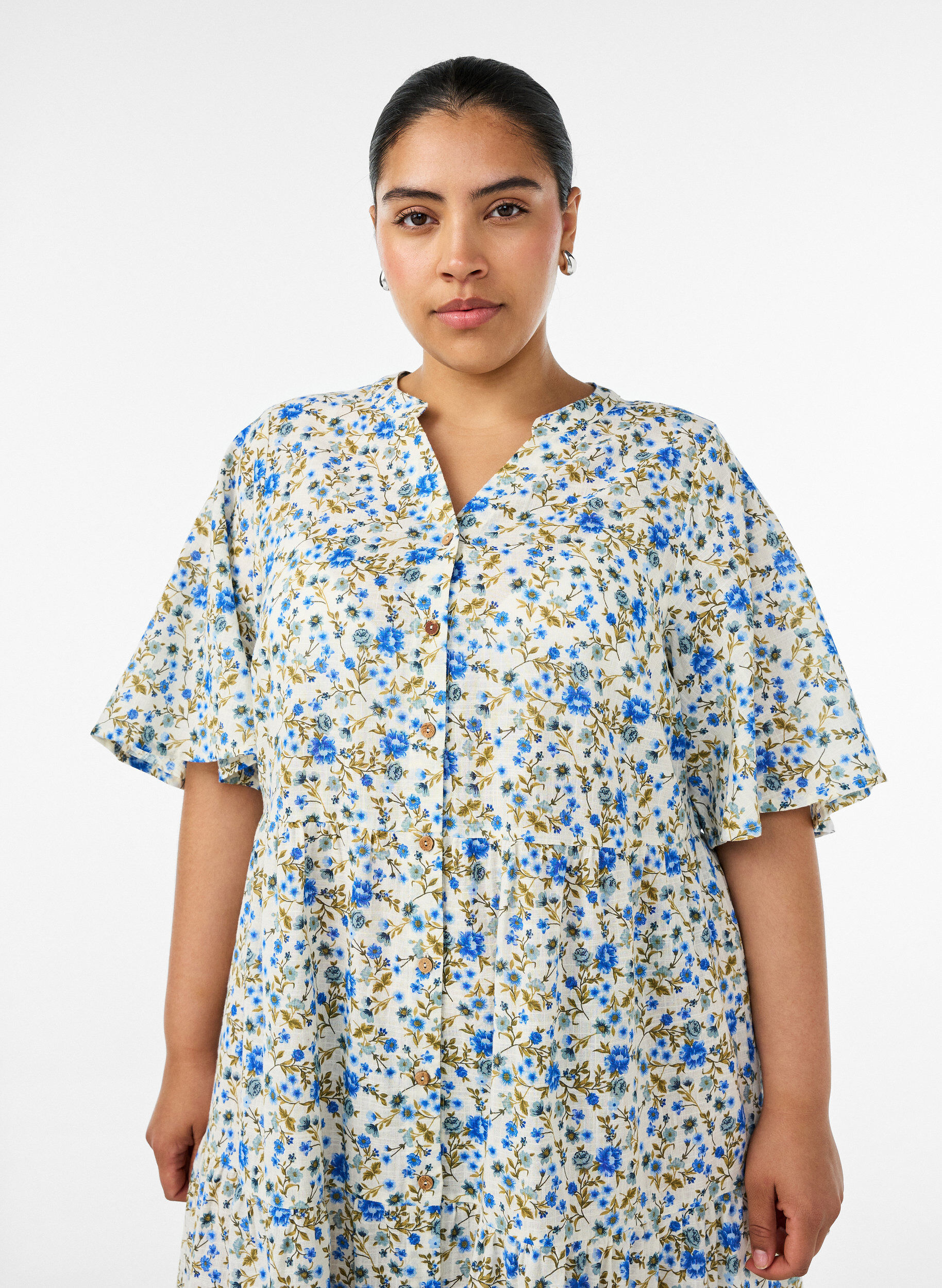 ZizziBaumwoll-Midikleid mit Blumenprint, Blau, Model image number 2