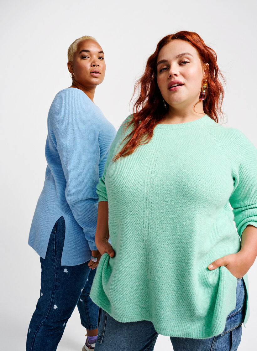 Melange-Pullover mit Seitenschlitz, Cabbage/White, Image image number 0