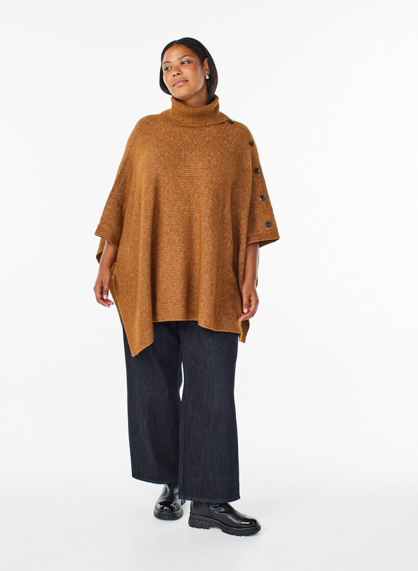 Poncho mit Rollkragen und Knopfdetail , Braun, Model image number 1