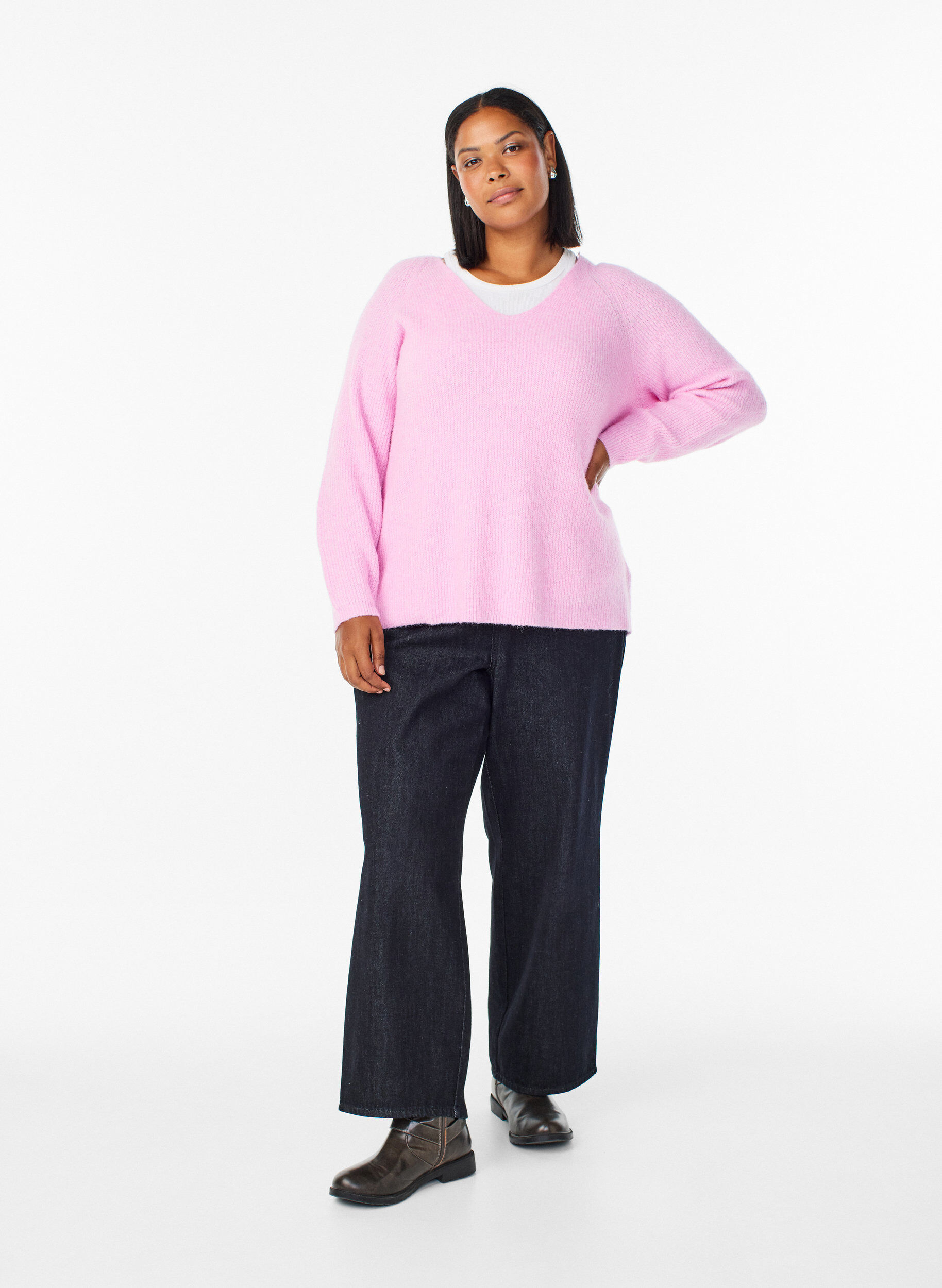 ZizziStrickbluse mit V-Ausschnitt und Raglan&auml;rmeln, Pink, Model image number 1
