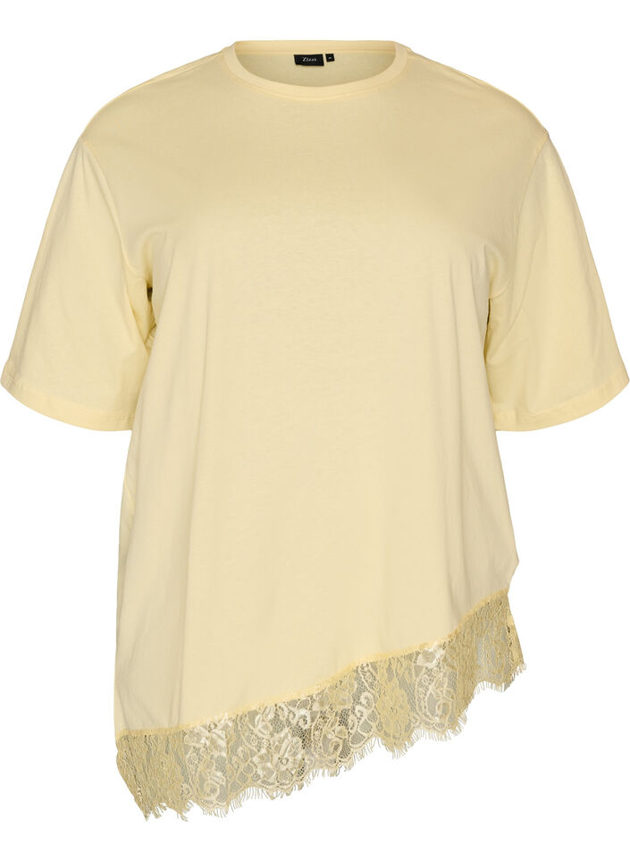 T-shirt avec ourlet asym&eacute;trique en dentelle, Jaune clair, Packshot image number 0